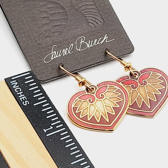 Vintage Laurel Burch Hollyhock Red Enamel Gold Plate 1988 Earrings Original Card - Picture 6 of 10